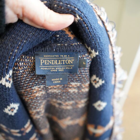 Pendleton Navy and Brown Fringed Cotton Wool Blend Cardigan Women's Size Large‎ - Picture 5 of 10